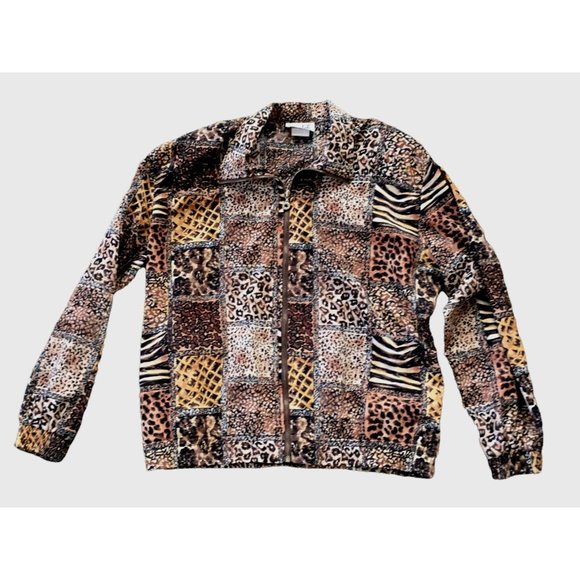 Teddi Lightweight Jacket Mixed Animal Print Brown Full Zip Fall Large 80s Style - Picture 4 of 9